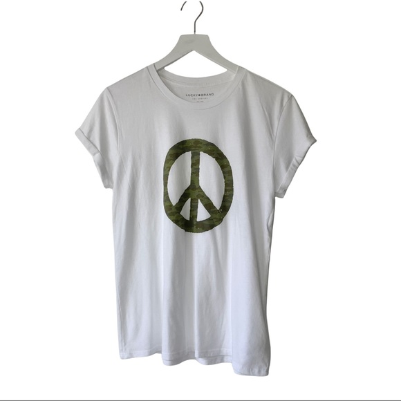 Lucky Brand Tops - NWOT Lucky Brand White Tee Shirt with Cuffed Short Sleeves Peace Sign Size Small